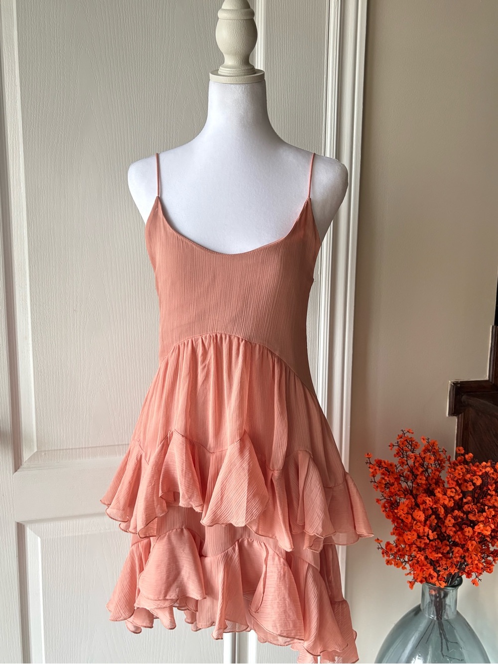 Zara Peach Ruffle Tiered Spaghetti Strap Dress